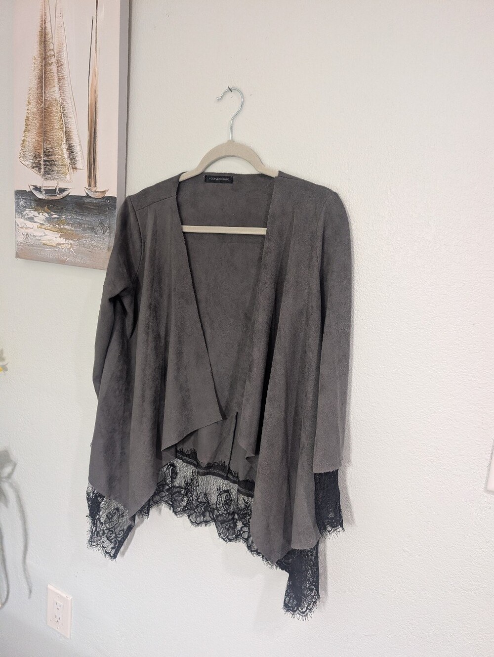 Voice Of California Grey Lace-Trim Open Front Women's Sweater Cardigan Size S/M